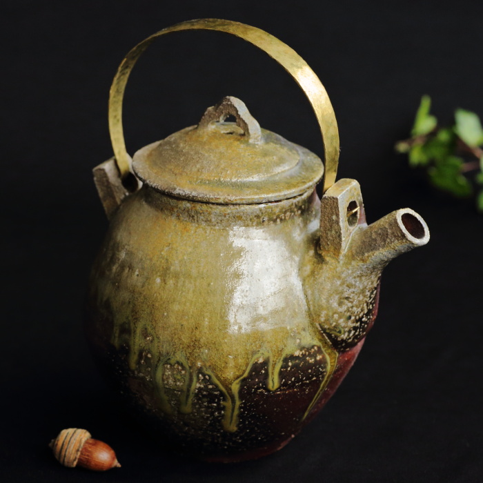 松崎健 窯変灰被陶瓶 穴窯焼成土瓶 益子焼茶器 満容量1000ml 作家もの