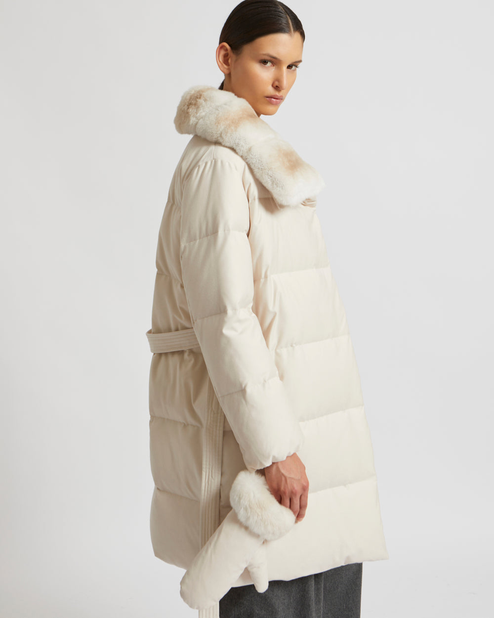 Belted down jacket in waterproof flannel fabric with chinchilla