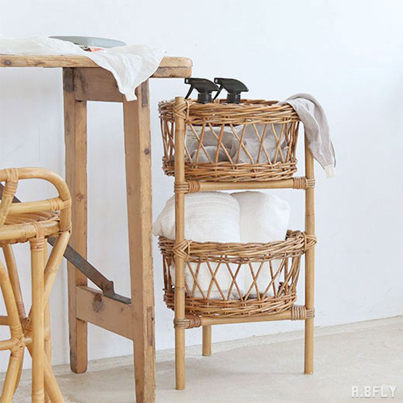 楽天市場】2段ラック 2段バスケット ラウンド 円形 ラタン 籐 皮付き