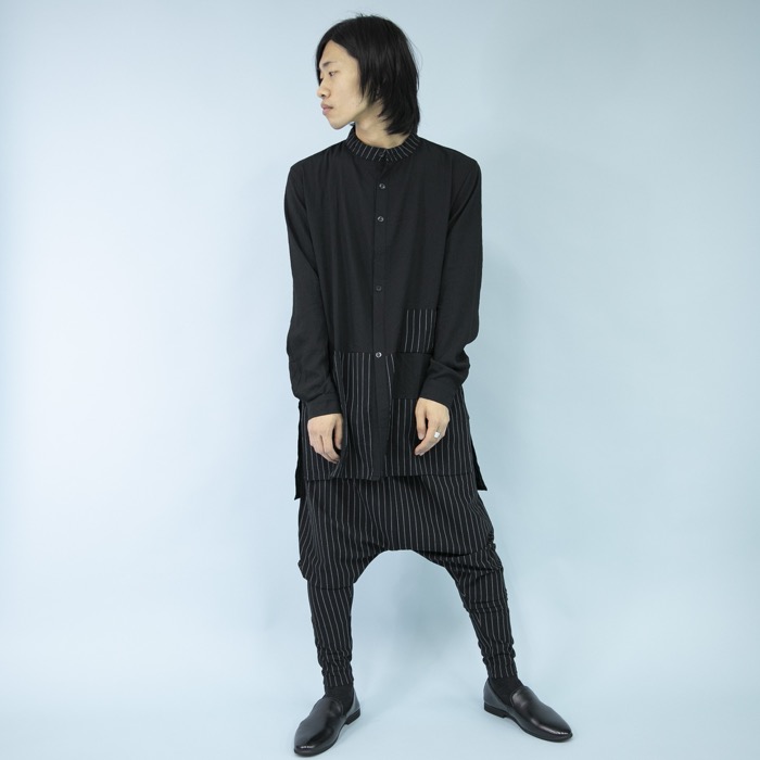 楽天市場】【Le sucood】変形ストライプ ノーカラーシャツ 黒 メンズ