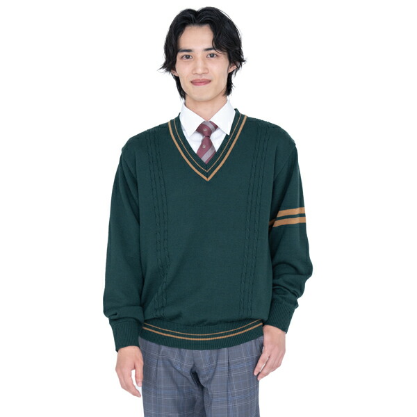 楽天市場】ウール混Vネック スクールセーター グリーン×ライトブラウン