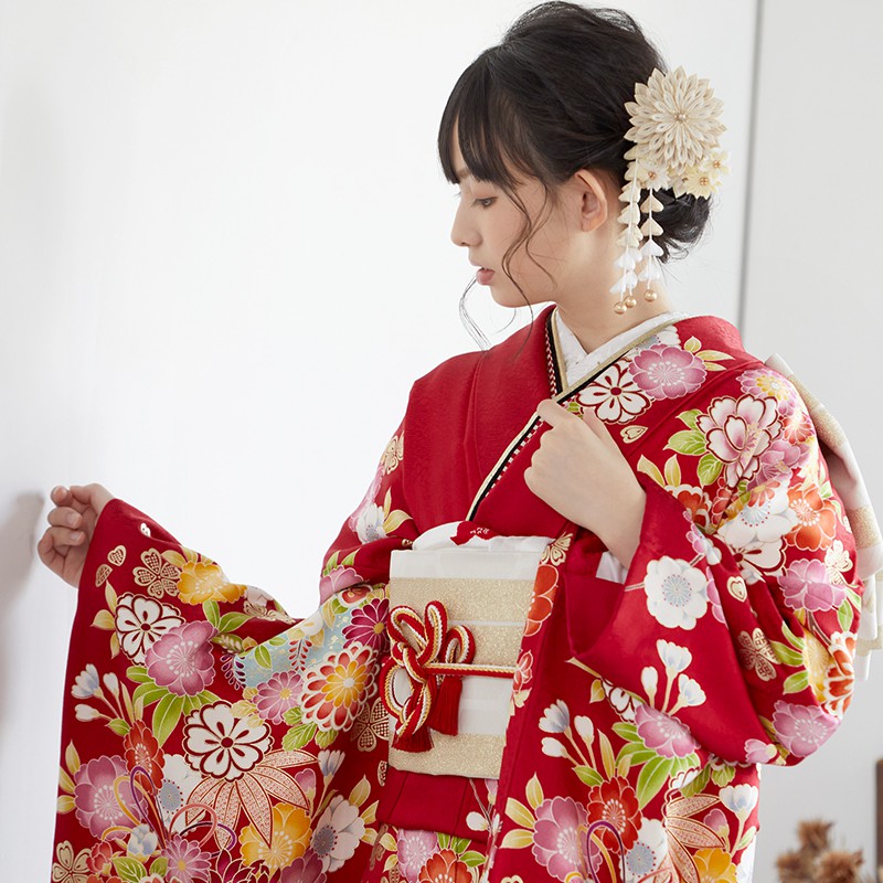楽天市場】【成人式 振袖 レンタル】RS1019 正絹 赤 花紋に花くす玉