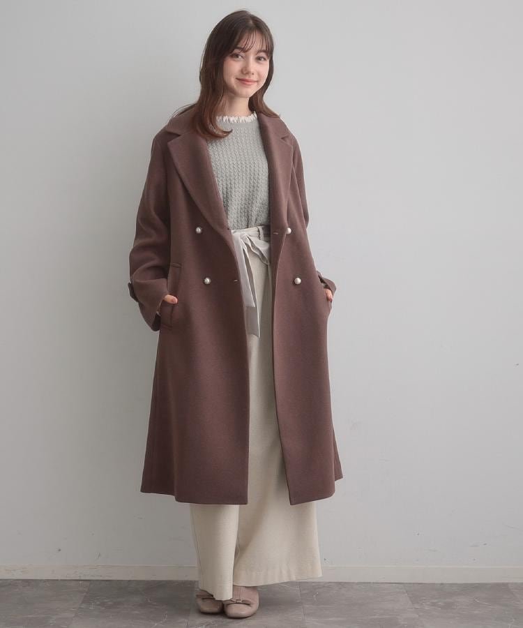 Couture Brooch｜【大人上品・ベルト付き】パール調釦チェスターコート
