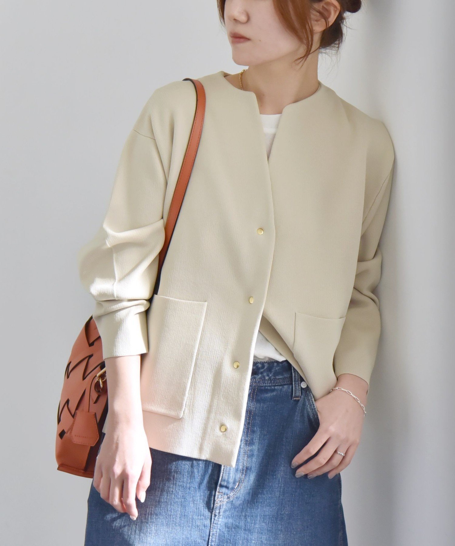 quaranciel ノーカラーポケットニットジャケット　ブラック　手洗い可能 quaranciel:〈手洗い可能〉ノーカラー ポケット ニット ジャケット