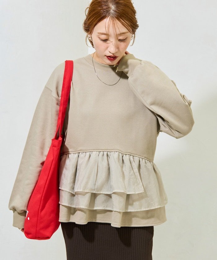 FREAK'S STORE｜オーガンジー フリル 切り替え 裏毛 スウェット プル