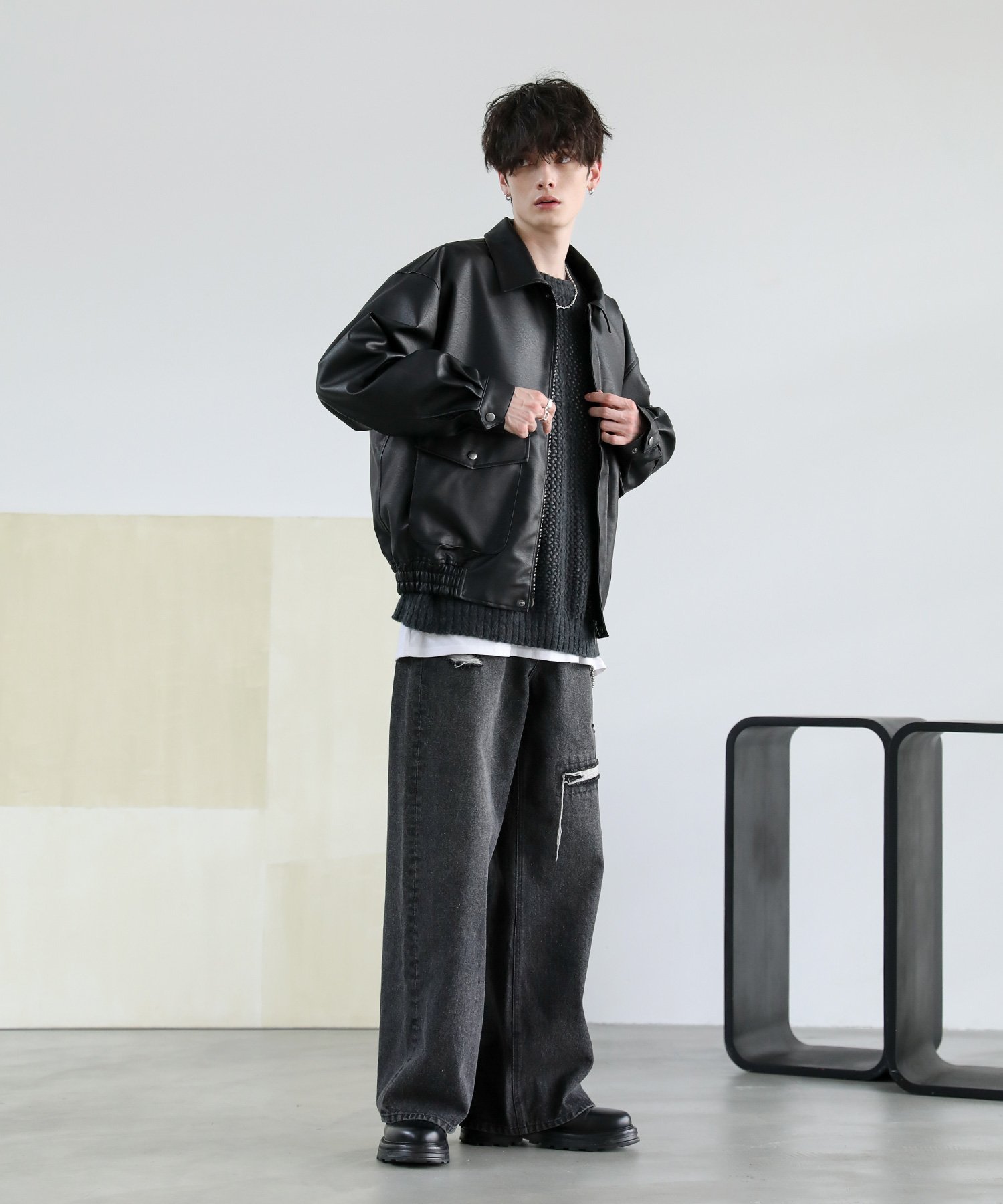 THE CASUAL｜ヴィンテージ加工 PUレザー A-2ショートブルゾン