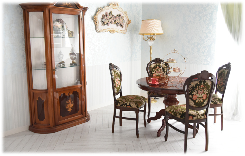 イタリア製 象嵌 ダイニングセット5P 4人掛け 円形 金華山グリーン