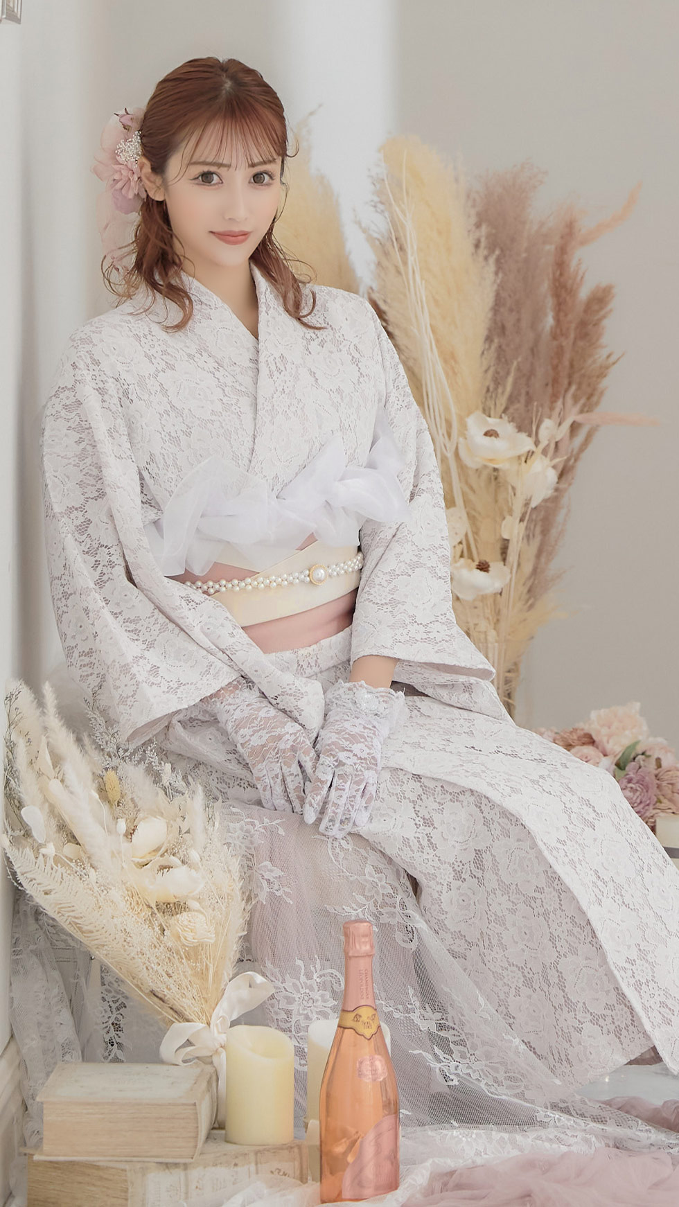 即日発送】【浴衣】ピンク地×白レース浴衣 【浴衣3点セット 浴衣/帯