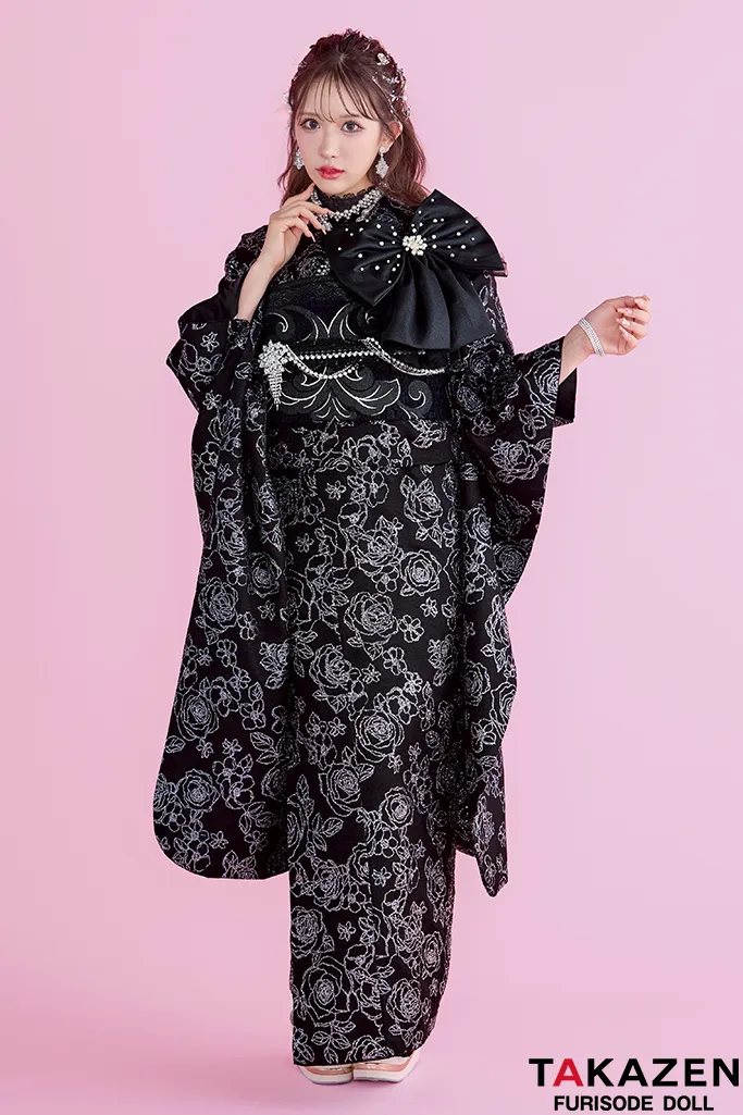 ヘップバーンシュシュ 黒/オールブラック バラ柄 グリッター リボン