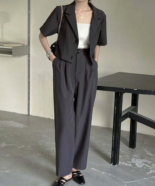 emi+ セットアップ 半袖ショートサマージャケット＋タック入りワイド