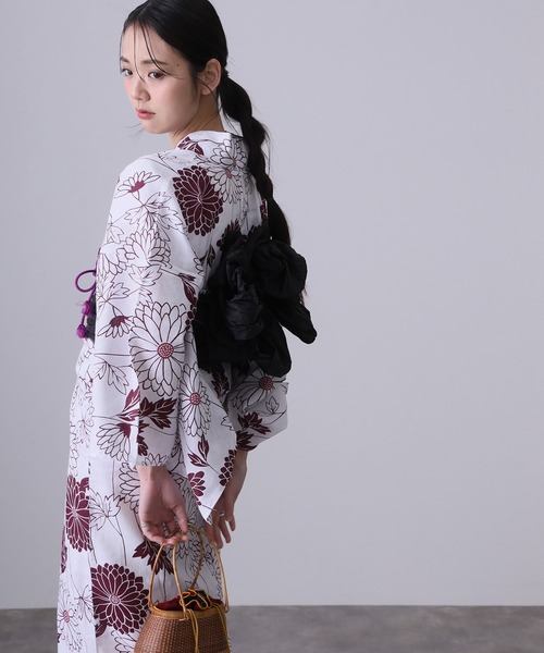 yulie 浴衣 大人浴衣2点セット洗える 綿麻帯 兵児帯 女性 黒 選べる