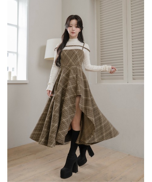 Darich（ダーリッチ） ワンピース レイヤードチェックイレヘムミディ