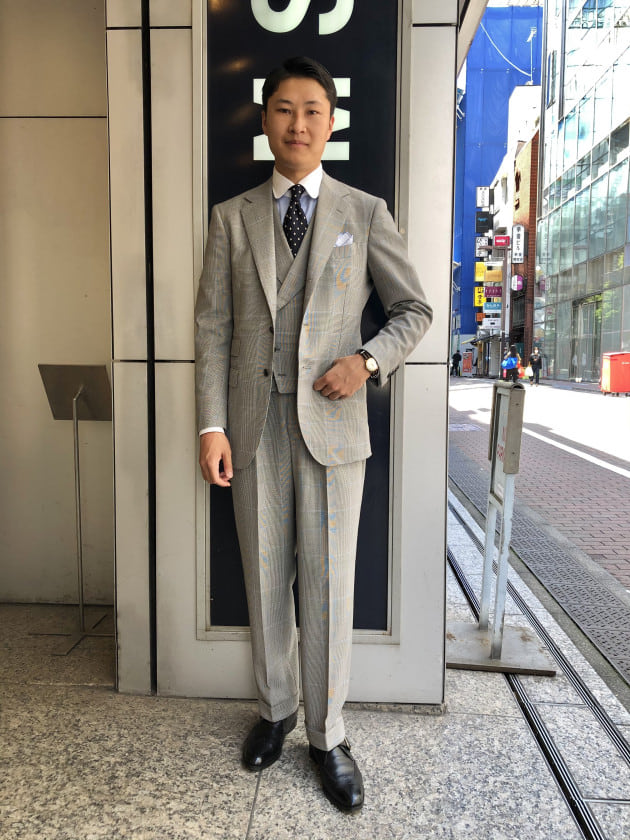 BEAMS F グレー系チェック ビジネススーツ クリーニング済 BEAMS F