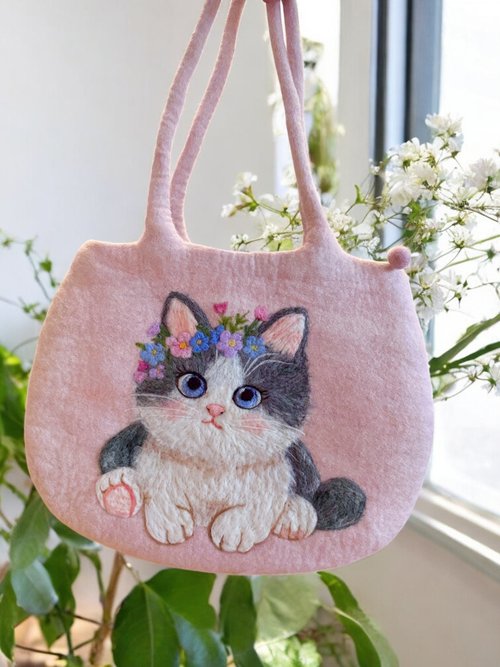 台湾 手作りニードルフェルト 羊毛フェルトショルダーバッグ 猫ちゃん