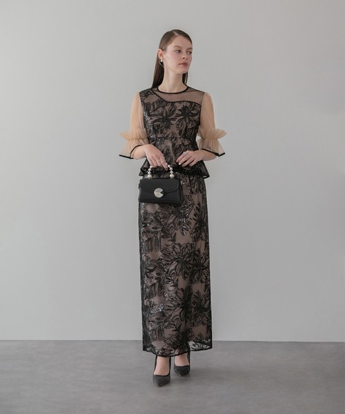 LEJA】アシンメトリーシアーフラワースパンコールフリルチュール