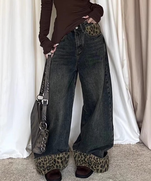 セール】レオパード柄ロールアップワイドデニムパンツ（デニムパンツ