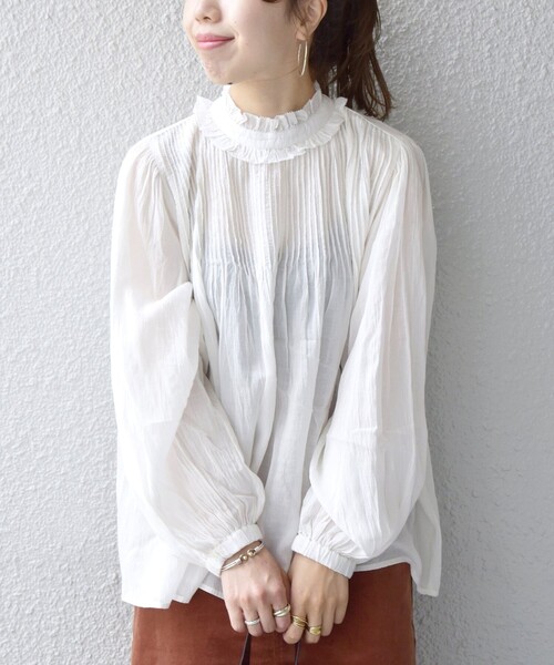 セール】SHIPS any:〈ウォッシャブル〉ボイル ピンタック ネック