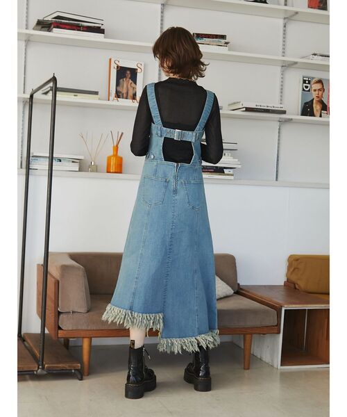 アシメフリンジデニムジャンスカ（ジャンパースカート）｜jouetie