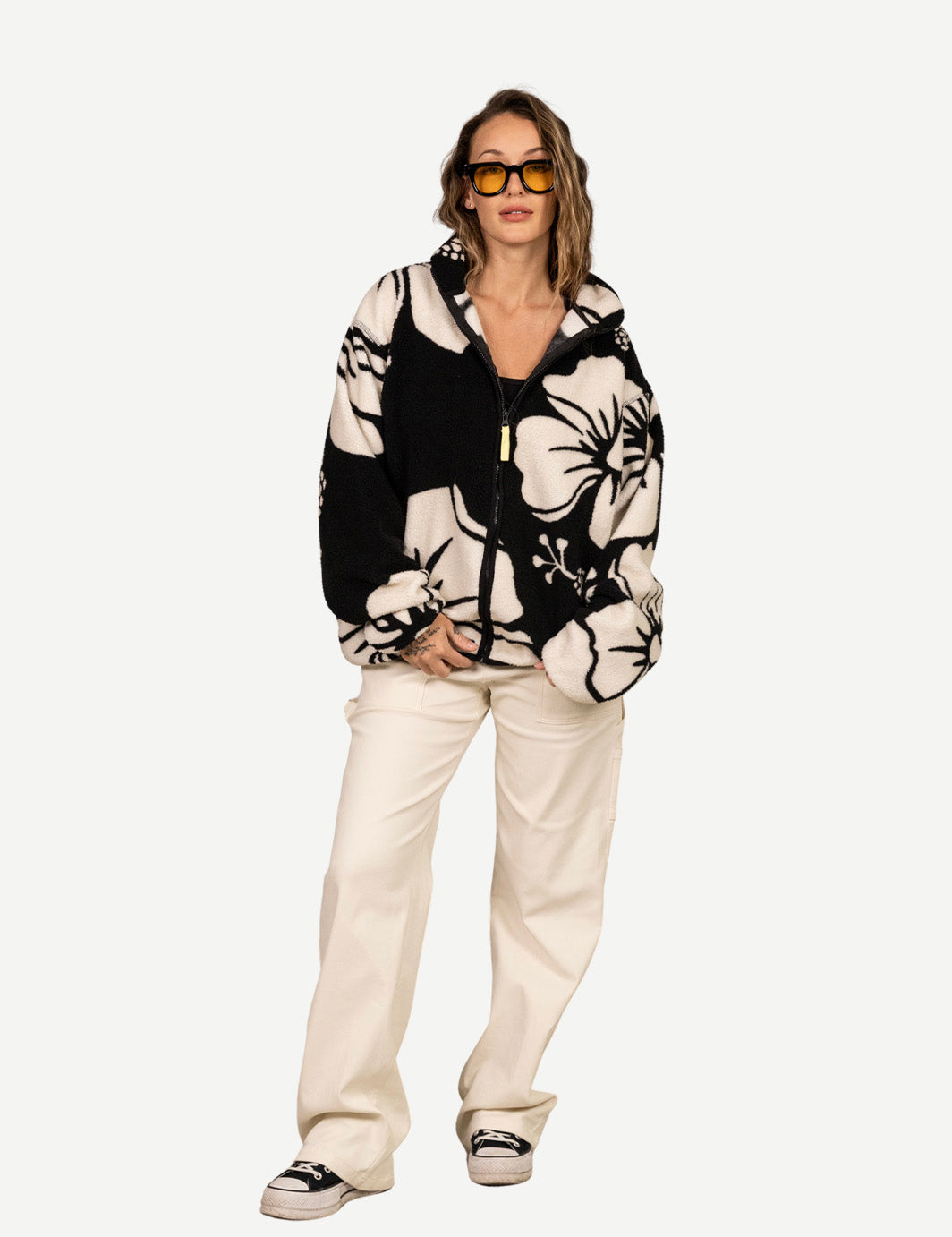 Hibiscus Full Zip Sherpa - Black - Duvin Design Co.