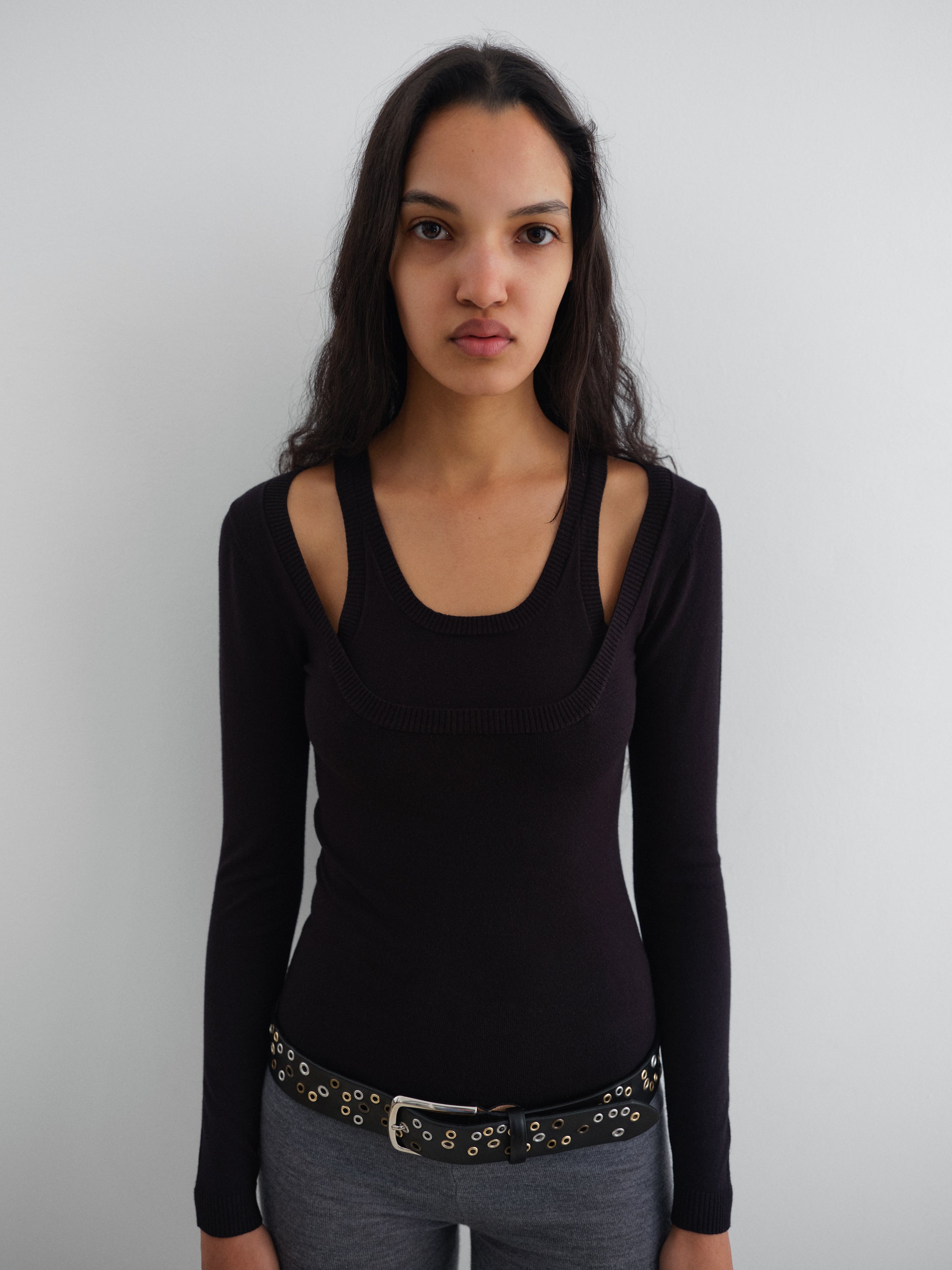 Black wool-knit jumper for women with double-layer neckline – Gimaguas