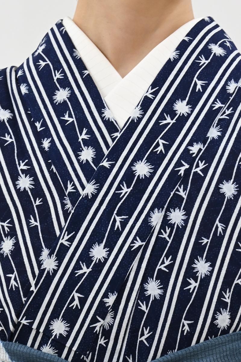 あおき【D-3857】竺仙製 綿コーマ 両面染め 浴衣 紺色 縞に花の図（反