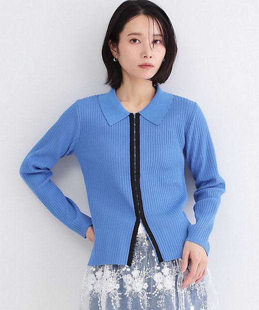 ポロ衿ホック使いリブニットカーディガン【洗濯機OK