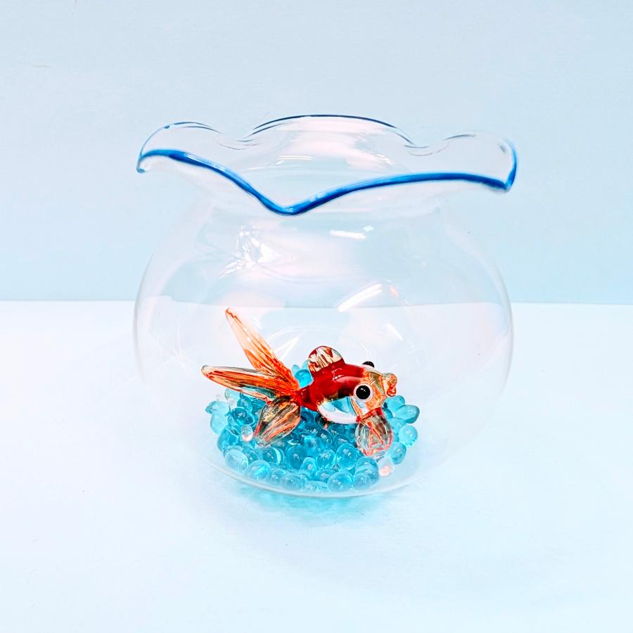 ガラス細工 金魚鉢と金魚（L）赤クリア 砂付 ミニチュア 雑貨 置物