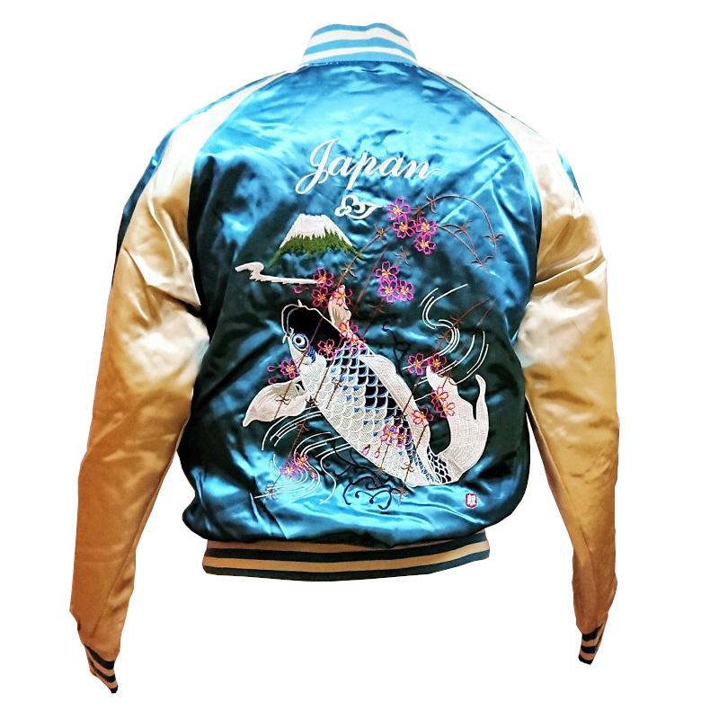 一心如鏡】 鯉 本格豪華刺繍スカジャン 中綿あり レッド、ブルー（S