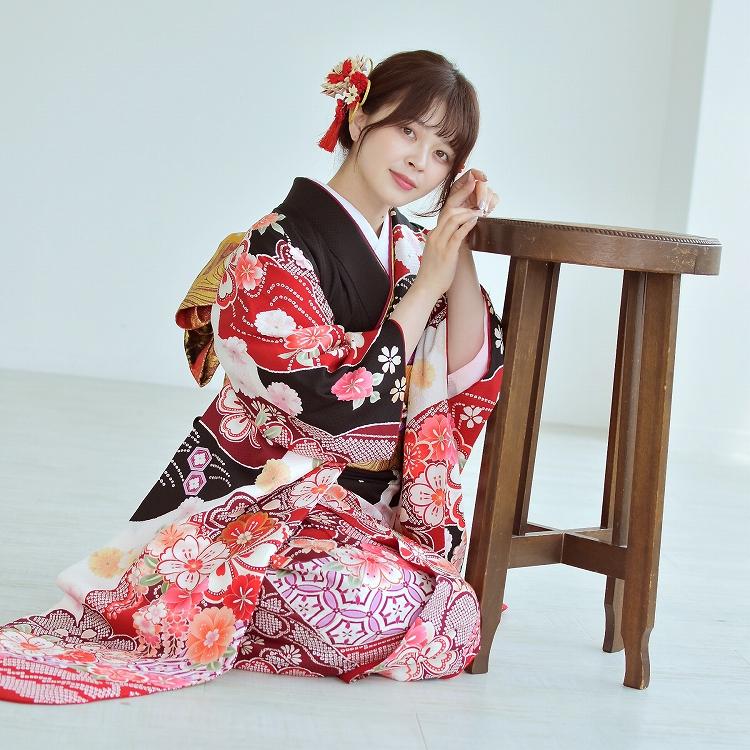 振袖 レンタル 成人式 21点セット レトロ 成人式セット 花 黒系 正絹