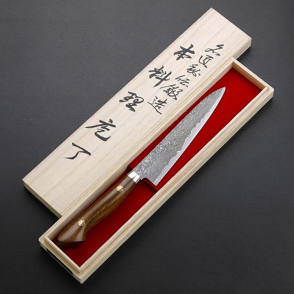 田中誠貴作 ペティナイフ 両刃 150mm 粉末ハイスR2 ダマスカス模様