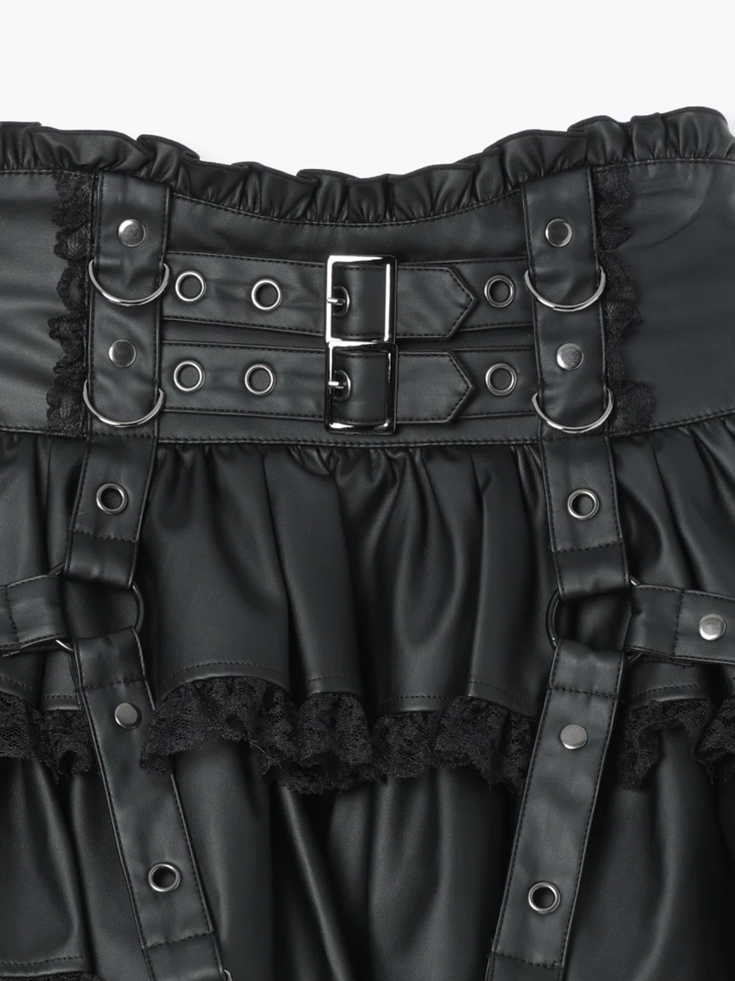 フェイクレザーダブルベルトティアードスカパン（ミニスカート｜黒
