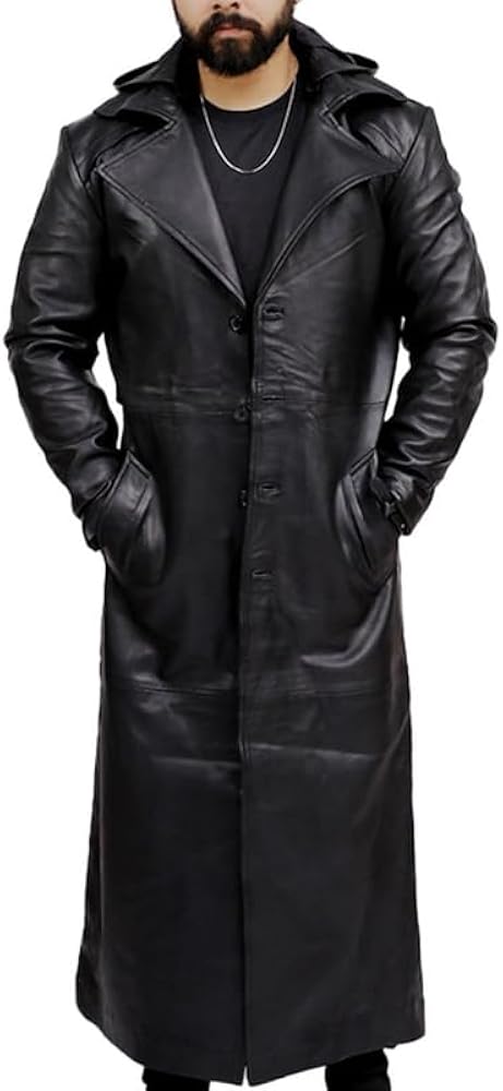 Real Leather Trench Coat Black Long Coat Duster Overcoat Sheepskin