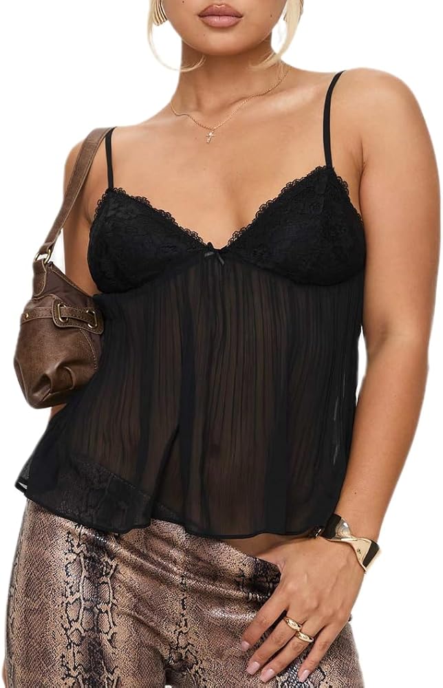 Women Pleated Camisole Sexy Sheer Mesh Spaghetti Strap Tank Top
