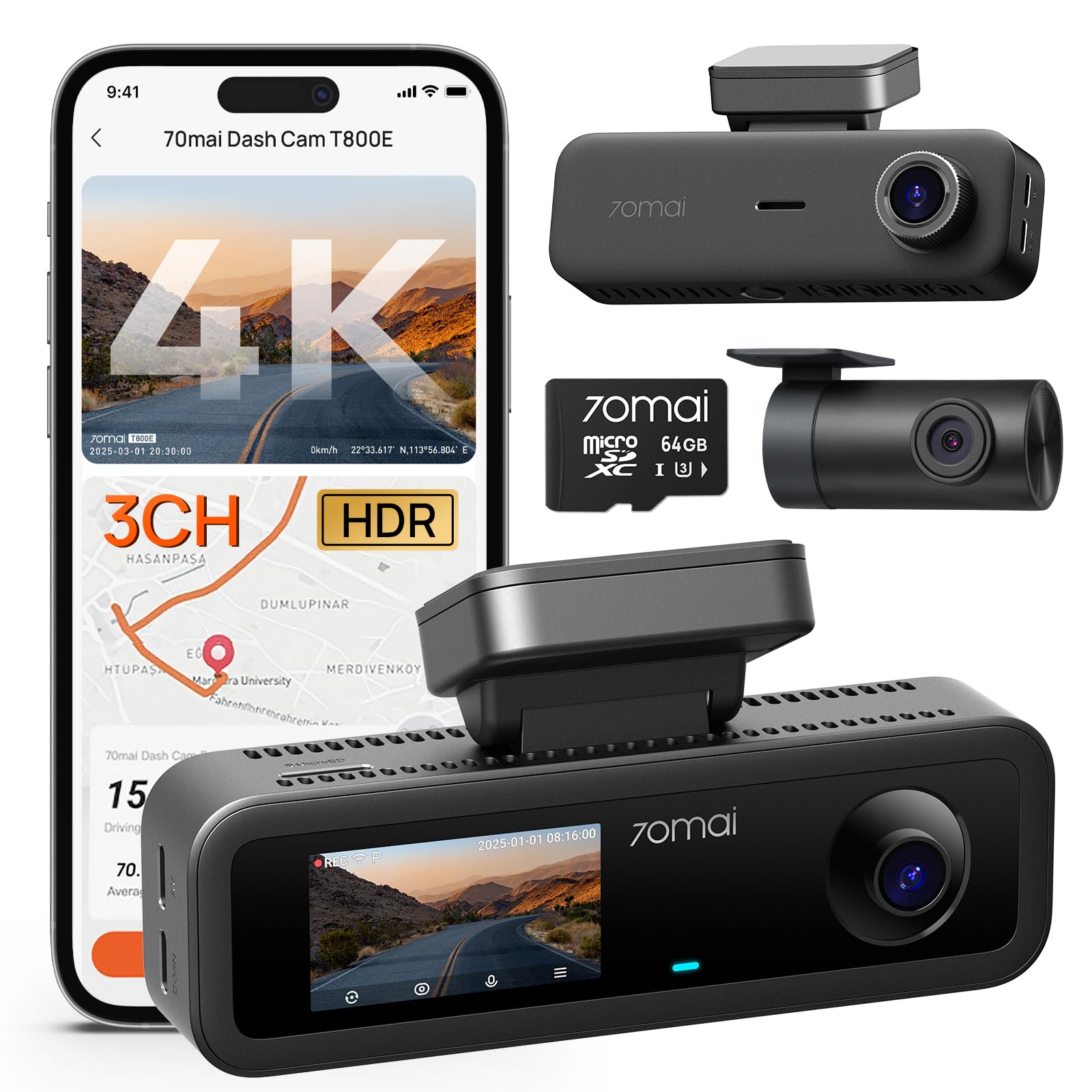 Amazon.com: 70mai 4K Dash Cam Front and Rear Inside, 3 Channel Car