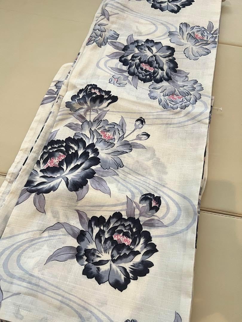 新品未使用 綿麻浴衣 雪花絞り風 白地 青 大人浴衣 夏着物 大人ゆかた