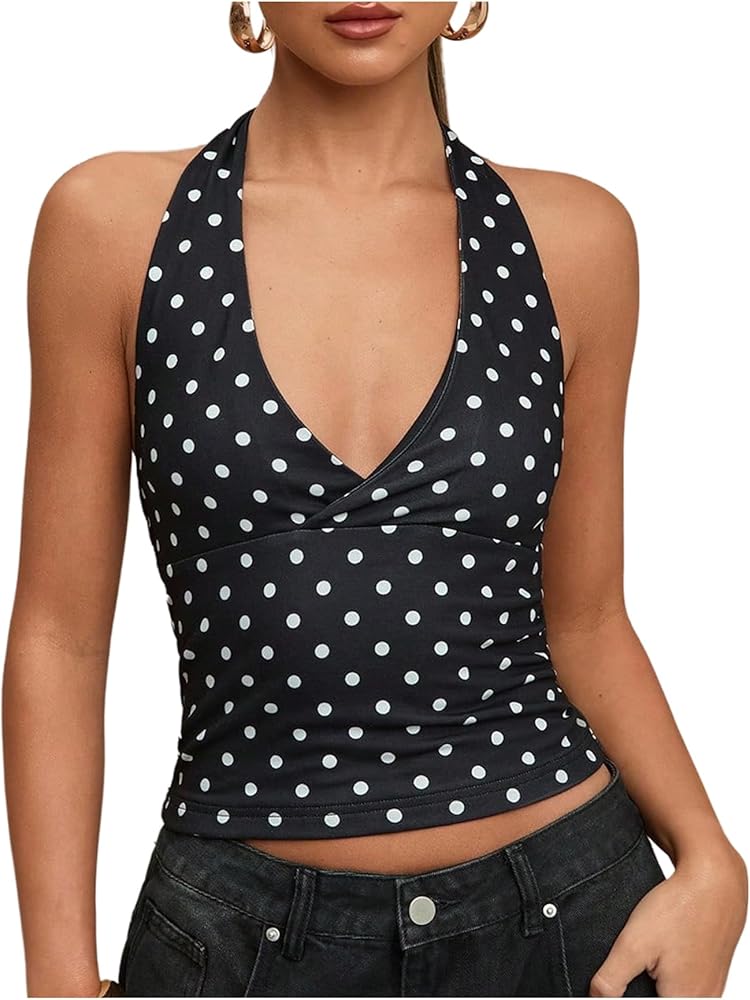 SweatyRocks Women's Polka Dots Print Halter Tops Going Out