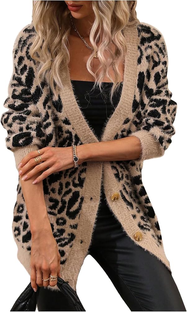 SOLY HUX Women's Leopard Print Cardigan Sweaters Button Down V