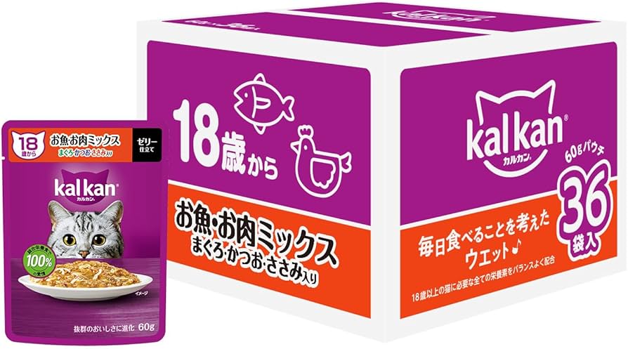Amazon | カルカン パウチ 18歳から 60g×36袋 お魚・お肉ミックス