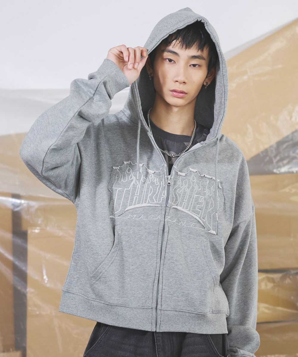 スラッシャー 別注 ヘビーウェイト裏毛パッチワーク刺繍ジップアップ