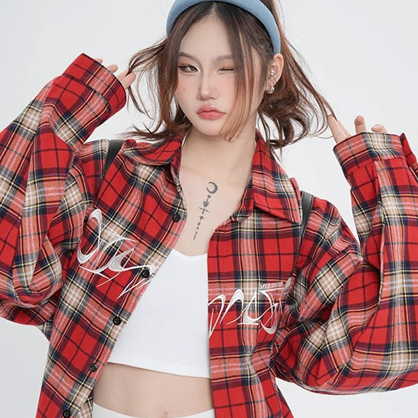 柄シャツ チェック柄 タータンチェック チェックシャツ 刺繍 ロゴ