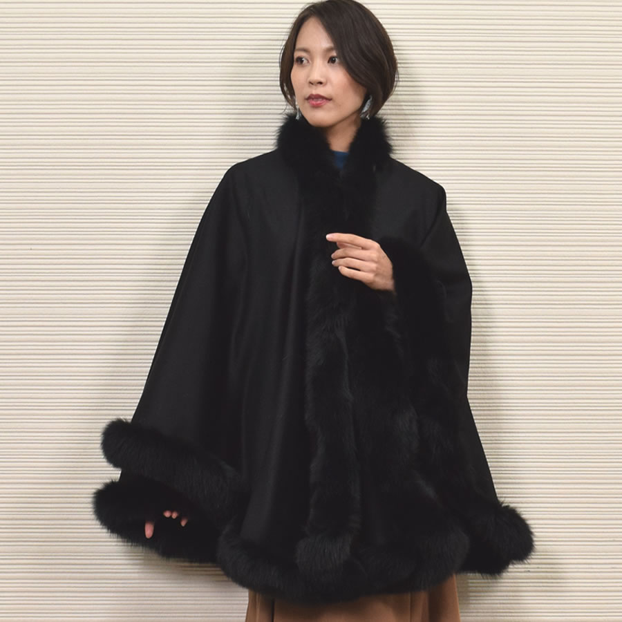 爆買 ポンチョ ケープ 日本製 カシミヤ100% 大判フォックス ファー付き