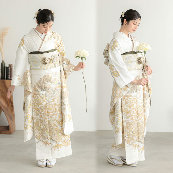 未仕立て 振袖 22点セット「白金 牡丹に松竹梅」仮絵羽 振り袖 正絹