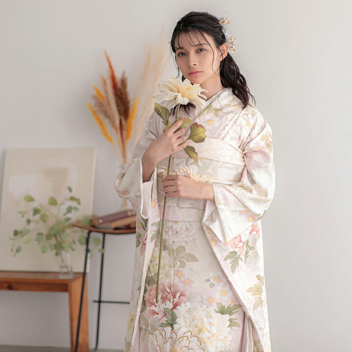 未仕立て 振袖 22点セット「薄ピンク 菊に牡丹」仮絵羽 振り袖 正絹