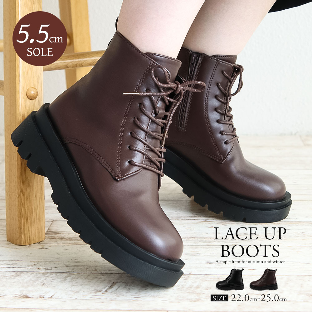 ショートブーツ レディース 歩きやすい 厚底 スクエアトゥ 編み上げ