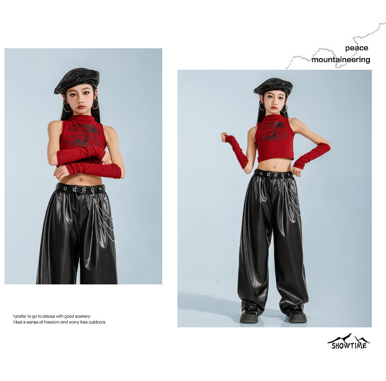 ダンス衣装 ガールズ 衣装 赤 黒 レザー 革 K-POP 韓国 セットアップ