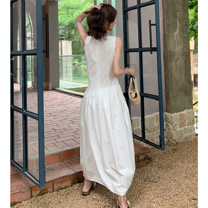 ボリュームリボンウエストマークワンピース(2colors)（紺・白）春/夏